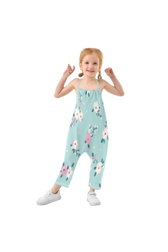 Girls' Jumpsuits Rompers Summer Casual Sleeveless Rompers With Pockets Spaghetti Strap Romper Pink and Teal Floral Pattern 1T