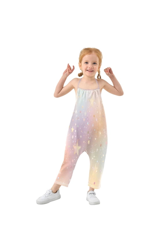 Girls' Jumpsuits Rompers Summer Casual Sleeveless Rompers With Pockets Spaghetti Strap Romper Rainbow-colored Stars and Dots 2T