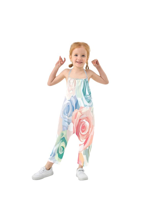 Girls' Jumpsuits Rompers Summer Casual Sleeveless Rompers With Pockets Spaghetti Strap Romper Roses Pattern 6T