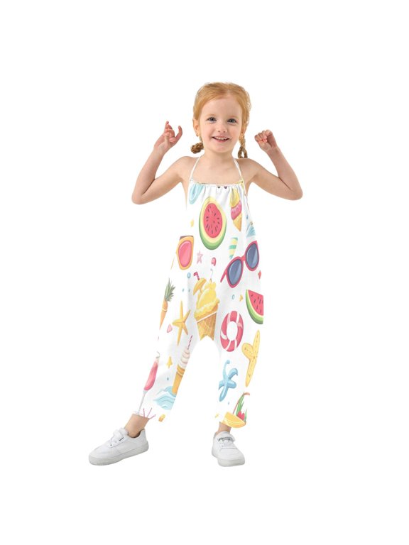 Girls' Jumpsuits Rompers Summer Casual Sleeveless Rompers With Pockets Spaghetti Strap Romper Summer Beach Elements 5T