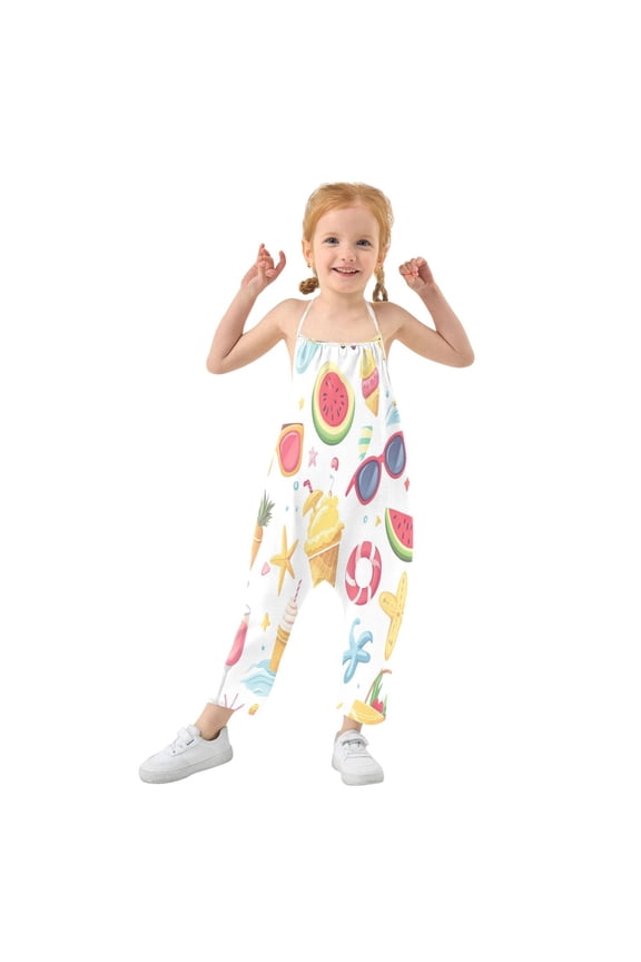 Girls' Jumpsuits Rompers Summer Casual Sleeveless Rompers With Pockets Spaghetti Strap Romper Summer Beach Elements 6T