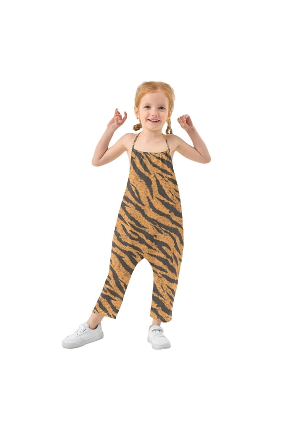 Girls' Jumpsuits Rompers Summer Casual Sleeveless Rompers With Pockets Spaghetti Strap Romper Tiger Stripes Pattern 5T
