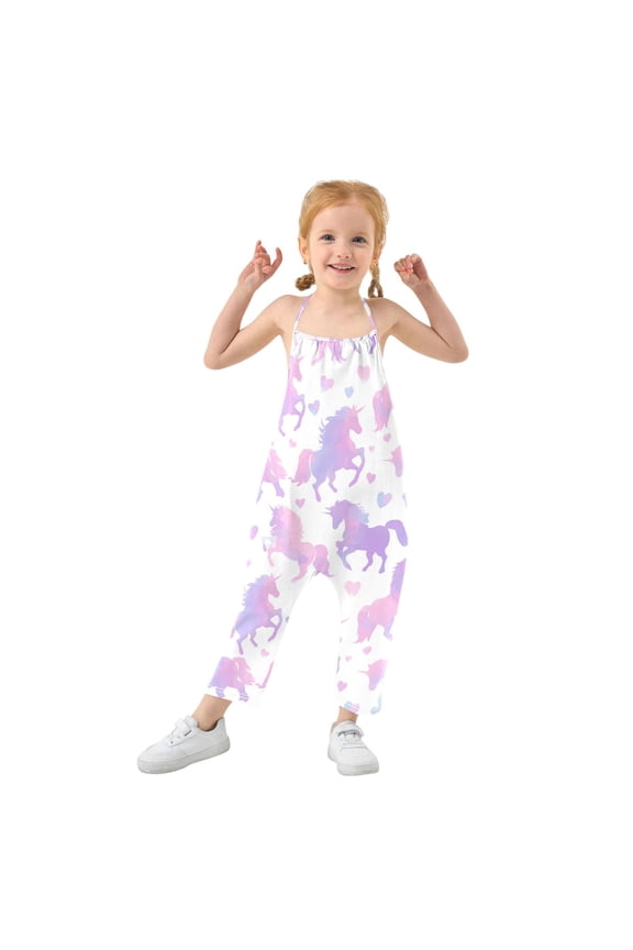 Girls' Jumpsuits Rompers Summer Casual Sleeveless Rompers With Pockets Spaghetti Strap Romper Unicorn Silhouette Pattern 3T