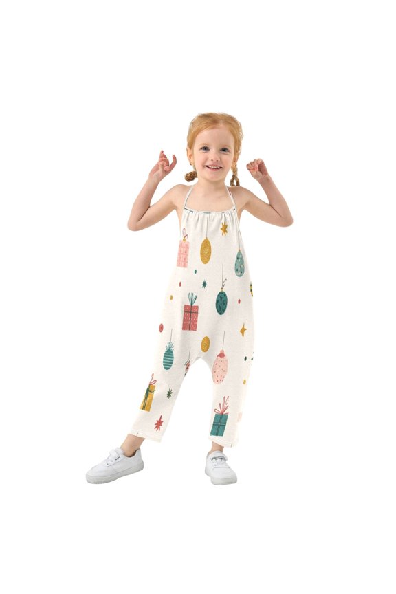 Girls' Jumpsuits Rompers Summer Casual Sleeveless Rompers With Pockets Spaghetti Strap Romper Vintage Christmas Elements 1T