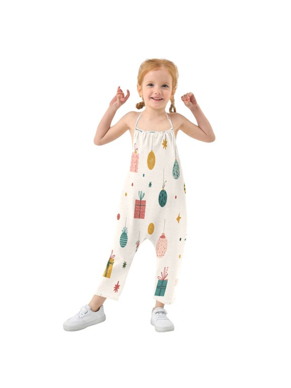 Girls' Jumpsuits Rompers Summer Casual Sleeveless Rompers With Pockets Spaghetti Strap Romper Vintage Christmas Elements 2T