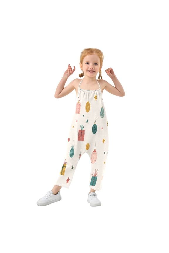 Girls' Jumpsuits Rompers Summer Casual Sleeveless Rompers With Pockets Spaghetti Strap Romper Vintage Christmas Elements 2T