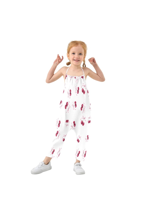 Girls' Jumpsuits Rompers Summer Casual Sleeveless Rompers With Pockets Spaghetti Strap Romper Watercolor Cherries Pattern 6T