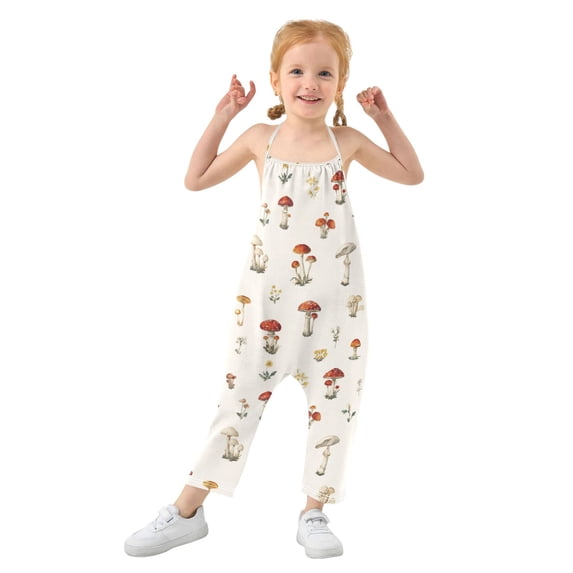 Girls' Jumpsuits Rompers Summer Casual Sleeveless Rompers With Pockets Spaghetti Strap Romper Watercolor Mushrooms Pattern 4T
