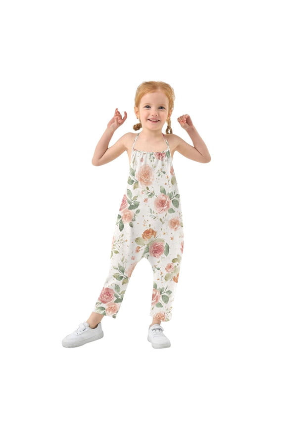 Girls' Jumpsuits Rompers Summer Casual Sleeveless Rompers With Pockets Spaghetti Strap Romper Watercolor Rose Floral Pattern 6T