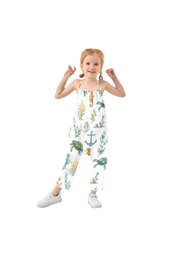 Girls' Jumpsuits Rompers Summer Casual Sleeveless Rompers With Pockets Spaghetti Strap Romper Watercolor Sea Life Pattern 5T
