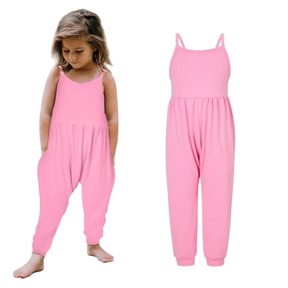 Girls Jumpsuits Spaghetti Strap Loose Overalls Long Pants with Pockets Back To School Clothes for Girls 1-2 Years