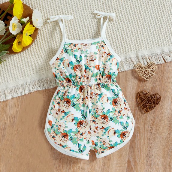 Girls Jumpsuits Summer Sleeveless Spaghetti Strap Floral Print Romper Jumpsuit Casual Loose One-Piece Stylish Girls Romper Size 9-12M