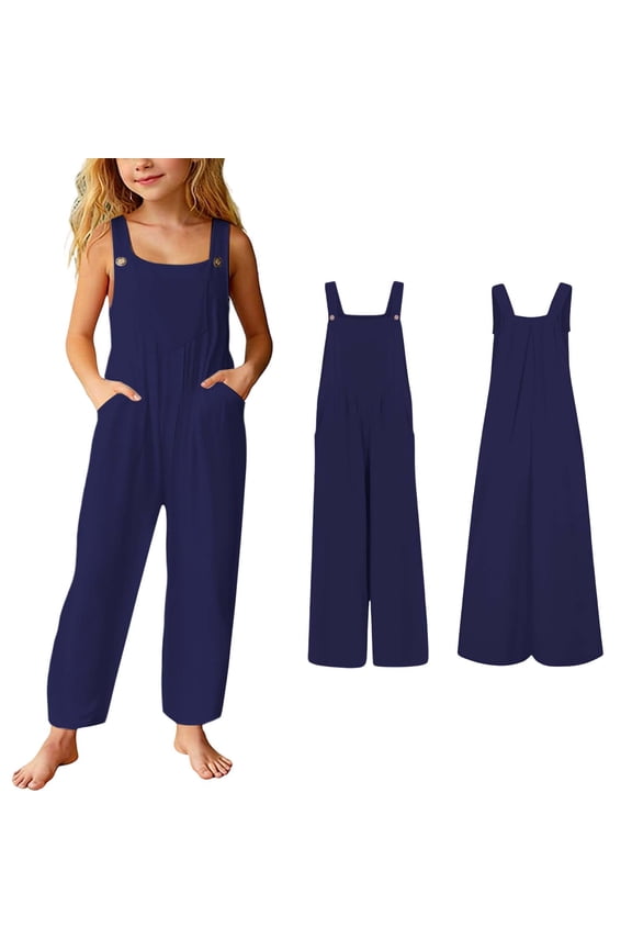 Girls Jumpsuits Wide Leg Jumpsuit Casual Sleeveless Loose Rompers with Pockets Girls Summer Clothes Size 9-10 Years