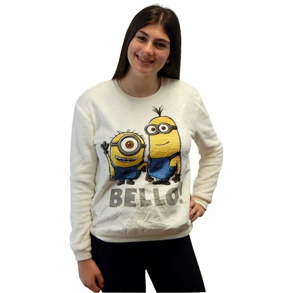 Girls Juniors Woobie Microfiber Fleece Minky Plush Sweatshirt Pullover Top (Size Small, Bello Minions-White)