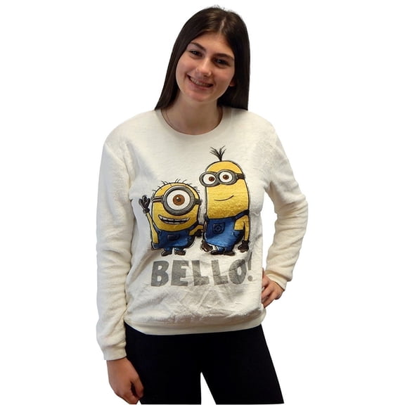 Girls Juniors Woobie Microfiber Fleece Minky Plush Sweatshirt Pullover Top (Size Small, Bello Minions-White)