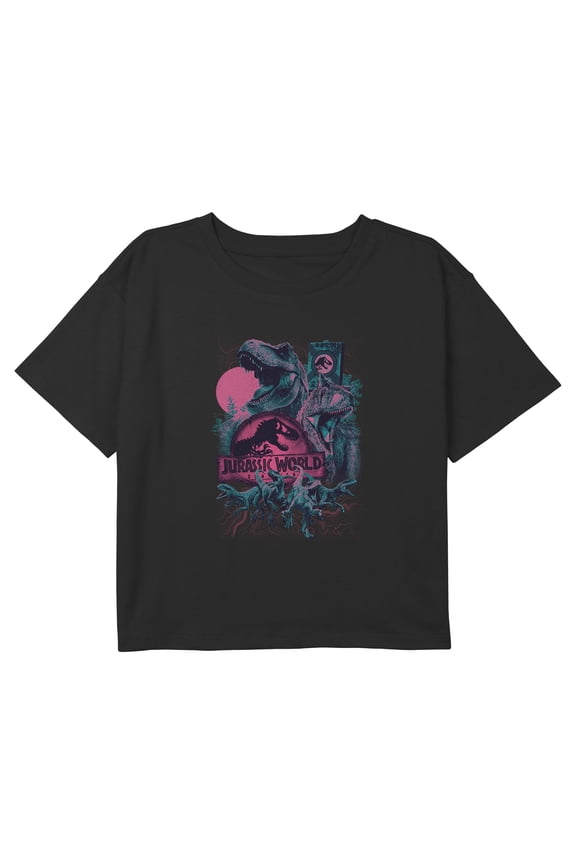 Girls Jurassic Park: Dominion Magenta Dinos Logo Graphic Cropped T-Shirt