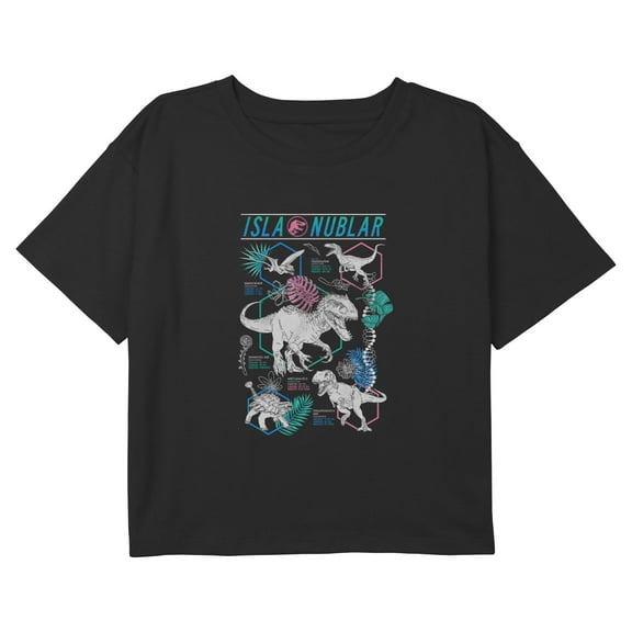 Girls Jurassic World Colorful Dino Blueprints Graphic Cropped T-Shirt