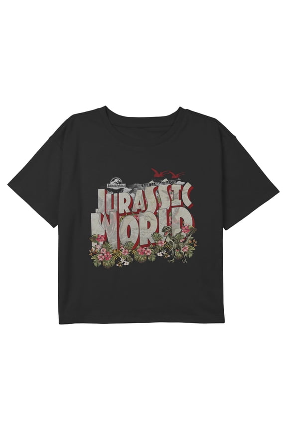 Girls Jurassic World Floral Retro Dino Graphic Cropped T-Shirt
