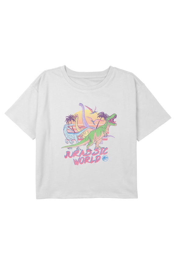 Girls Jurassic World Retro Dino Landscape Graphic Cropped T-Shirt