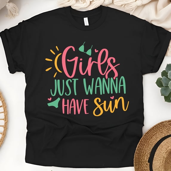 Girls Just Wanna Have Sun T-Shirt – Cute Summer Beach Shirt for Women and Teens, Black, Size S
