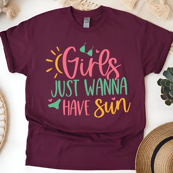 Girls Just Wanna Have Sun T-Shirt – Cute Summer Beach Shirt for Women and Teens, Maroon, Size 3XL