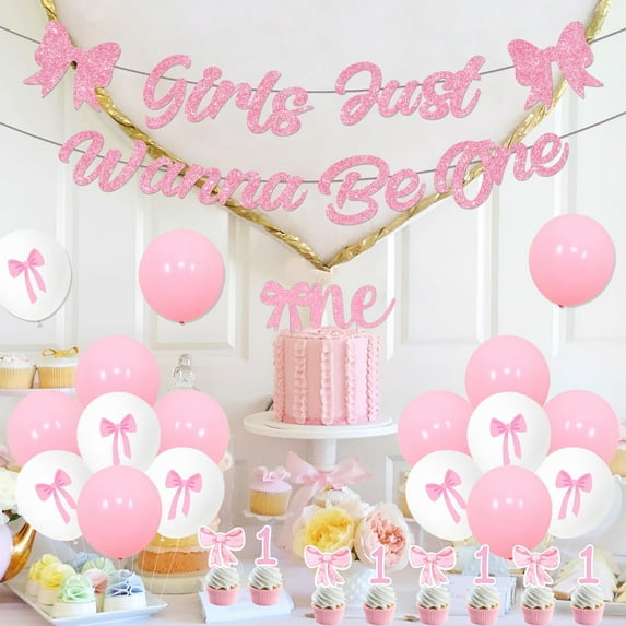 Girls Just Wanna Be One Birthday Party Decorations, Girls Coquette First Birthday Decoration Pink Sweet One Banner Balloons Garland Kit Pink Bow theme Cake and Cupcakes Toppers for Girls 1st Birthday