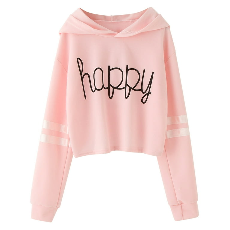 Girls K ids Casual Loose Active Full Sleeves Hoodies Sweatshirts Hooded Short Pullover Letter Print Striped Teen Crop Tops Girls Tops Boy Winter