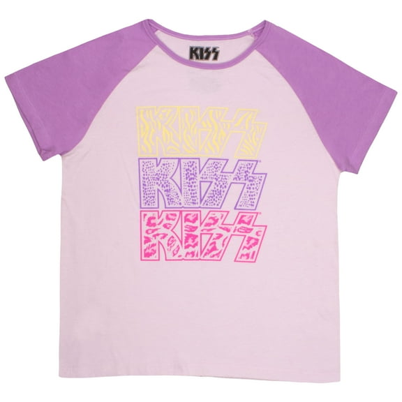 Girls KISS Short Sleeve T-Shirt, KISS Rock Band Raglan Crew Neck Tee for Girls (Sizes 4-6)