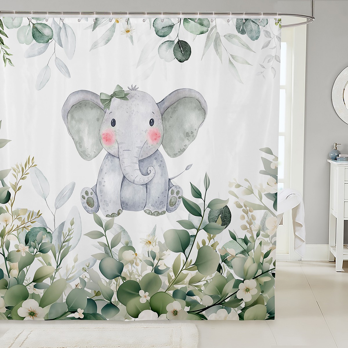 Girls Kawaii Animal Bath Curtain Cute Elephant Shower Curtain, Cartoon