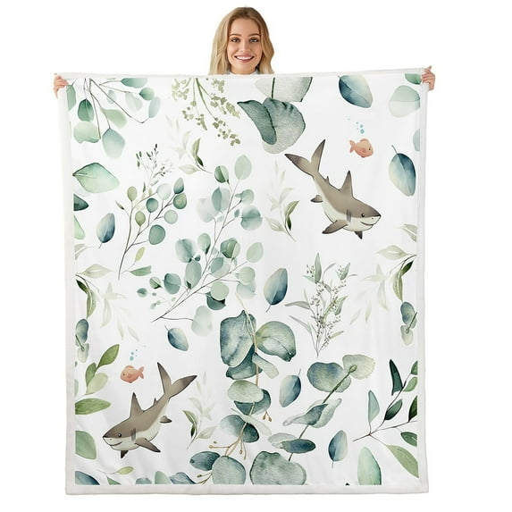 Kawaii Animal Fleece Blanket Cute Shark Sherpa Blanket, Cartoon Wildlife Blanket Green Leaf Throw Blanket for Sofa, Spring Garden Plant Flannel Blanket Bedroom Decor