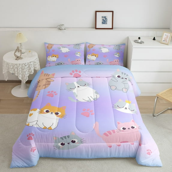 Girls Kawaii Cat Comforter Set Pink Blue Purple Pastel Bedding Set Rainbow Ombre Cats Bedding Comforter Sets For Kids Teen Women,Cute Cat Quilt Duvet 2 Pillow Cases Cat Lover Room Decor,Full Size