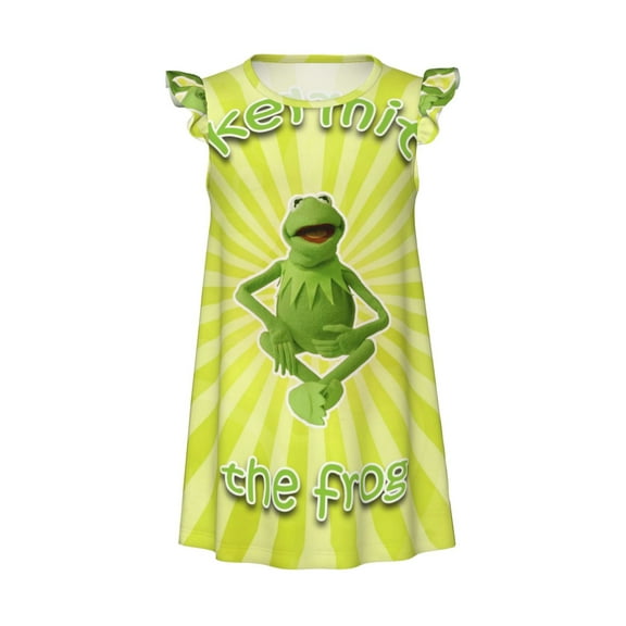 Girls Ker-mit The Fro Graphic Flutter Sleeve Soft Fabric Casual Dress for Home Sleep Dress Party Outdoor