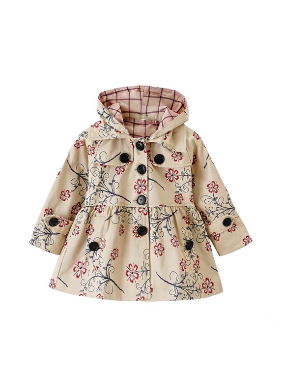 Girls'Khaki British Style Trench Coat,Autumn Winter Thickened Mid-Length Single Outerwear,Long Sleeve Floral Print Quilted Warm Jacket for Little & Big Kids