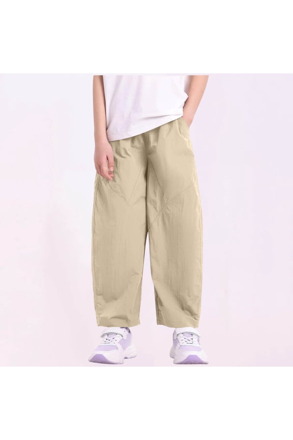 Girls Khaki Pants for Little Girls, Elastic Waist Pull On Casual Soft Breathable Nylon Pants Size 5,Size 13 T
