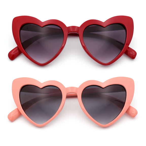 Girls Kid Size Heart Shape Lolita Valentine Love Sunglasses [2-Pack] Red & Dark Pink