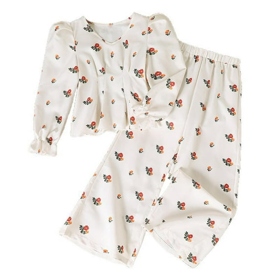 Girls Kids Back to School Outfits 10-12 Long Sleeve Floral Shirts Pants Trendy Fall 2 Piece Lounge Wear Set 9-10 Years, White
