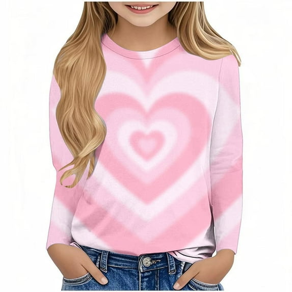 Girls Kids Basic Long Sleeve Round Neck T-Shirt Stretch School Tee Top Kids Love Heart Print Tee Cute Casual Loose Pullover Fall Winter Tops