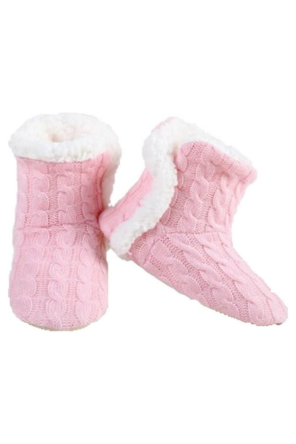 Girls Kids Cable Knit Slippers House Booties Socks Soft Sherpa Lining Rubber Soles, Pink - Size: US 11 (S)