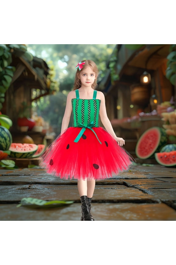 Girls Kids Casual Dress Fruit Vegetable Watermelon Tutu Dance Clothes With Ruffle Hem Dresses for Play Party Birthday