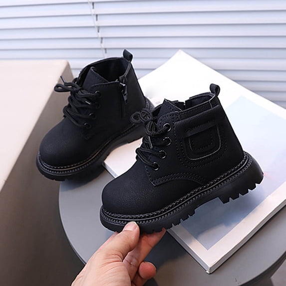 Girls Kids Combat Ankle Boots with Side Zipper Non-Slip Waterproof Lightweight Black,Size 22