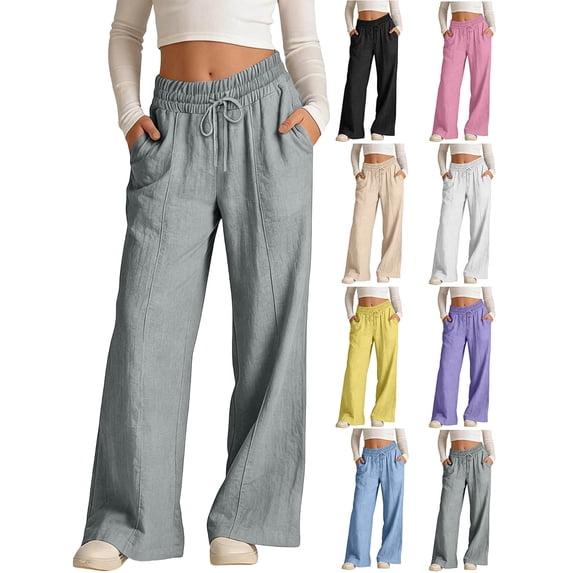 Girls Kids Cotton Linen Drawstring Wide Leg Pants Loose Fit Casual Fashion Long Pants with Pockets