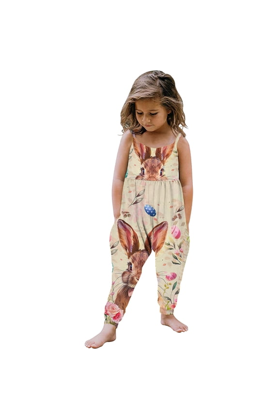 Girls Kids Easter Bunny Print Jumpsuit Beige Romper Spaghetti Strap Loose Fit Pockets Kids Girls Sizes 1-6 Years,Size 5 T