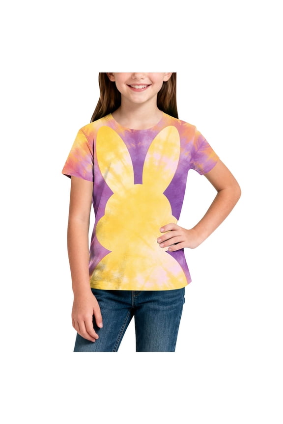 Girls Kids Easter T-Shirt Tie Dye Bunny Rabbit Short Sleeve Crew Neck Soft Top Yellow Purple Pink Polyester Spandegs Spring Summer Casual Tee,Size 13-14 T