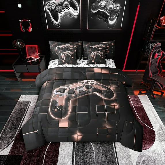 Gamer Full Bedding Set 7 Piece,Black and Pink Gaming Comforter Set,Neon Geometric Checkered Bed in a Bag,Video Game Bed Set with Fitted Sheet,Flat Sheet,Pillowcases & Shams
