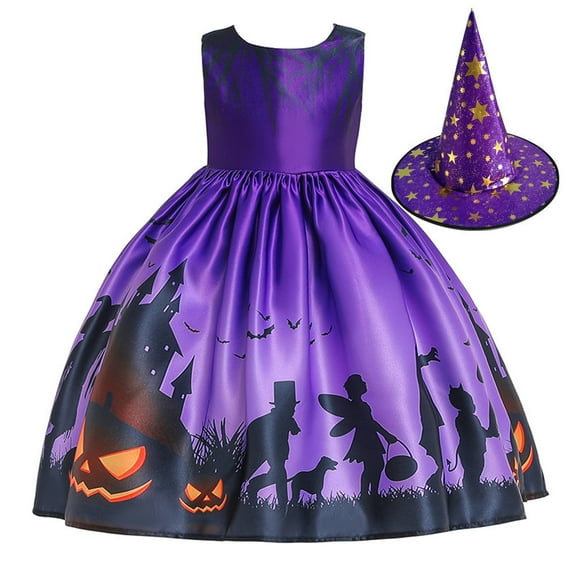 Girls Kids Halloween Witch Dress with Hat Smooth Princess Skirt Dress up