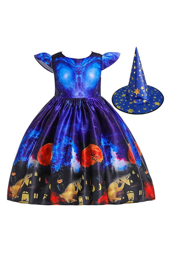 Girls Kids Halloween Witch Dress with Hat Smooth Princess Skirt Dress up
