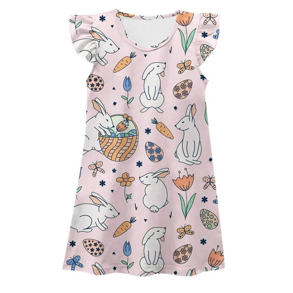 Girls Kids Happy Easter Day Dress Bunny Print Small Flying Sleeve Night Children's Homewear Soft Summer Outfit for Toddler