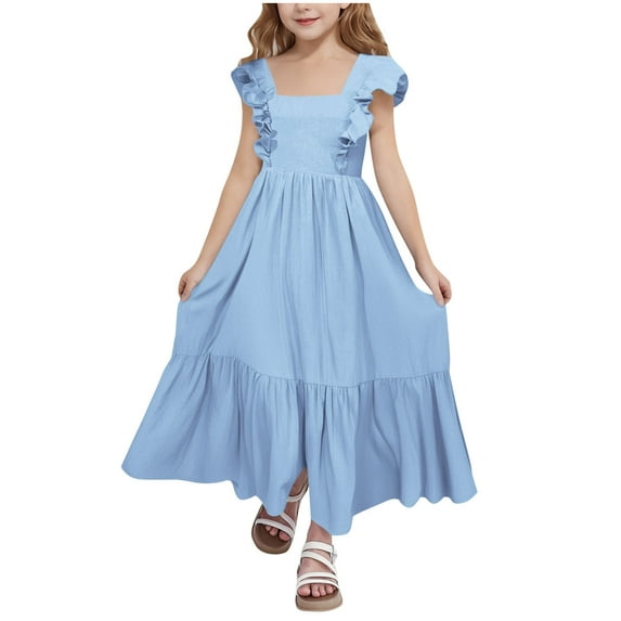 Girls Kids Lace Back Full-Length Backless Tulle Party Holiday Formal Flower Girl Dress Blue 6-7 Years