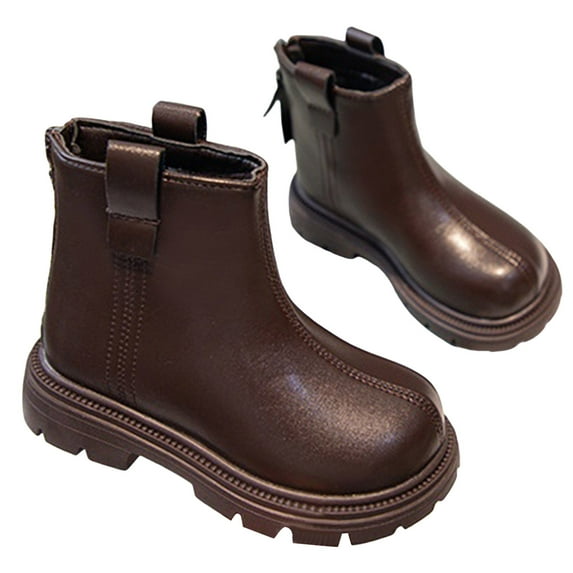 Girls Kids Lug Sole Ankle Boots Back Zipper Chunky Low Heel Slip on Round Toe Winter Chelsea Booties
