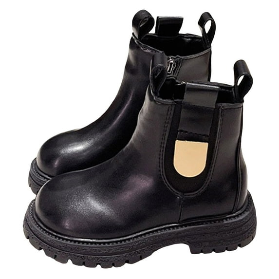 Girls Kids Lug Sole Ankle Boots Back Zipper Chunky Low Heel Slip on Round Toe Winter Chelsea Booties